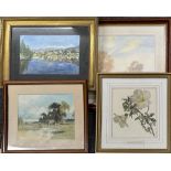 A framed watercolour winter scene signed Ande (Edna Payne) Together with three framed prints, size