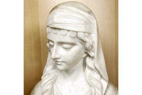 A superb large 19thC carved orientalist marble bust of a young women, H. 62cm. Repair to base. - Image 2 of 4