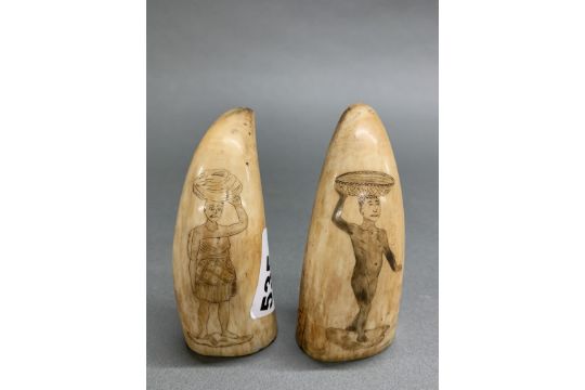 Two scrimshaw decorated whales teeth, L. 10cm. - Image 1 of 2