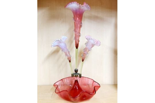 An impressive 19thC cranberry glass epergne, H. 51cm.