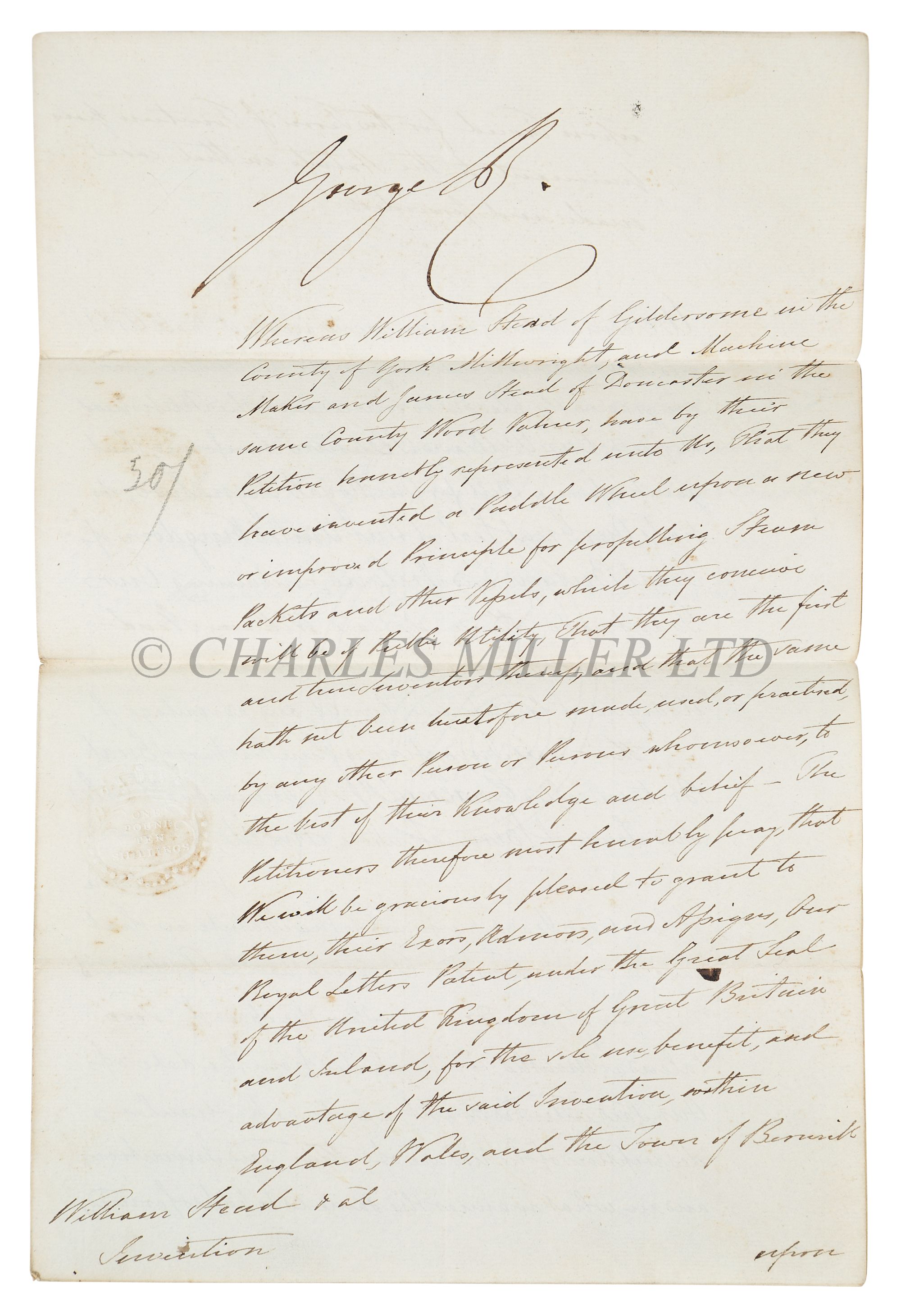 A GRANT OF PATENT FOR A 'NEW FORM OF PADDLE WHEEL' SIGNED BY GEORGE IV, 1828