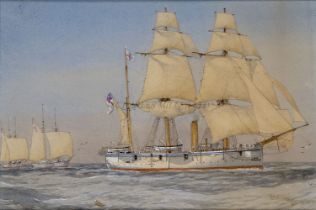 WILLIAM FREDRICK MITCHELL (BRITISH, 1845-1914) - H.M. SLOOP 'DRAGON' TOWING H.M. SCHOONERS 'HARRIER'