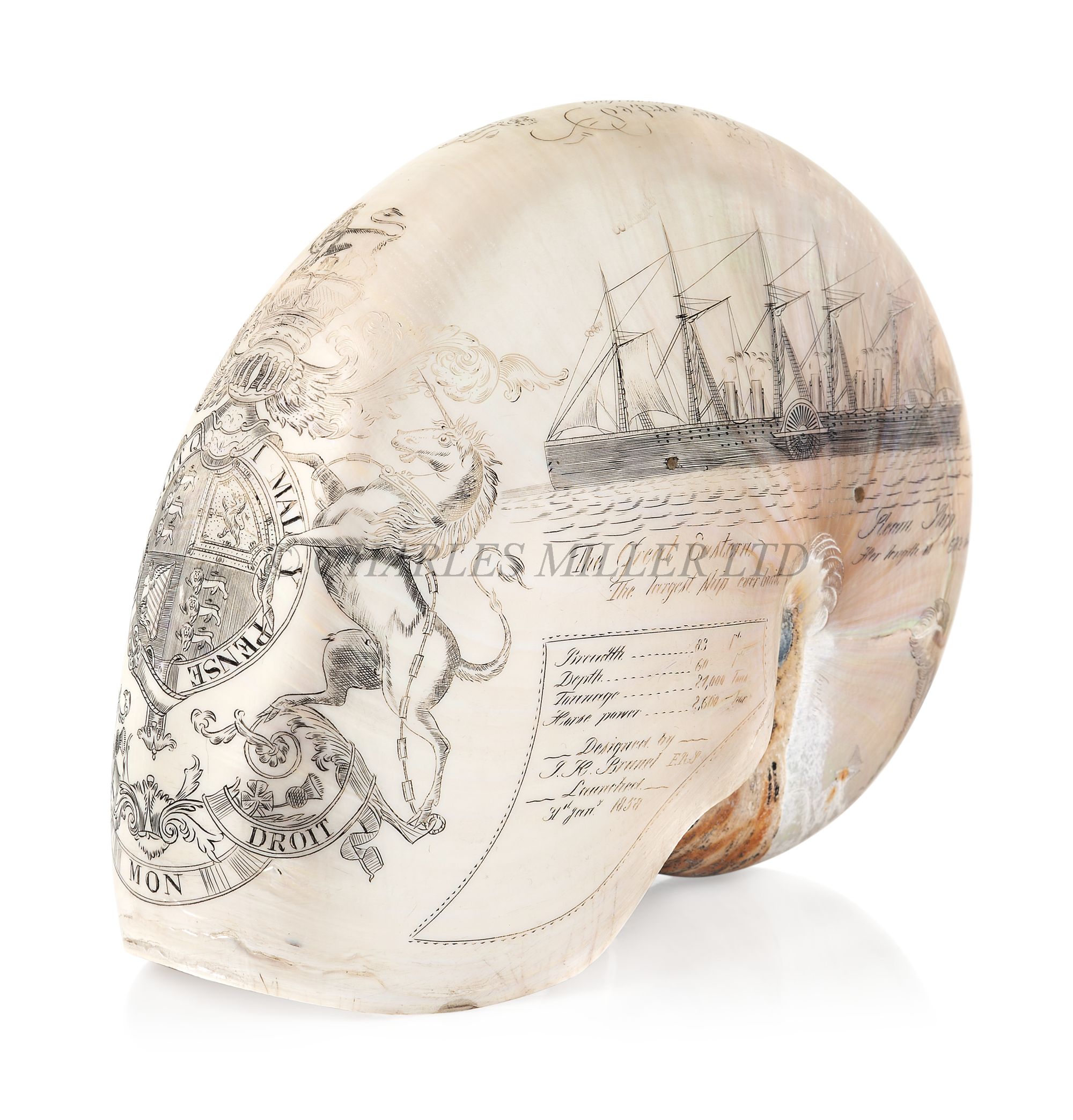 A LARGE-SIZED MID-19TH CENTURY SCRIMSHAW WORKED NAUTILUS SHELL BY C.H. WOOD