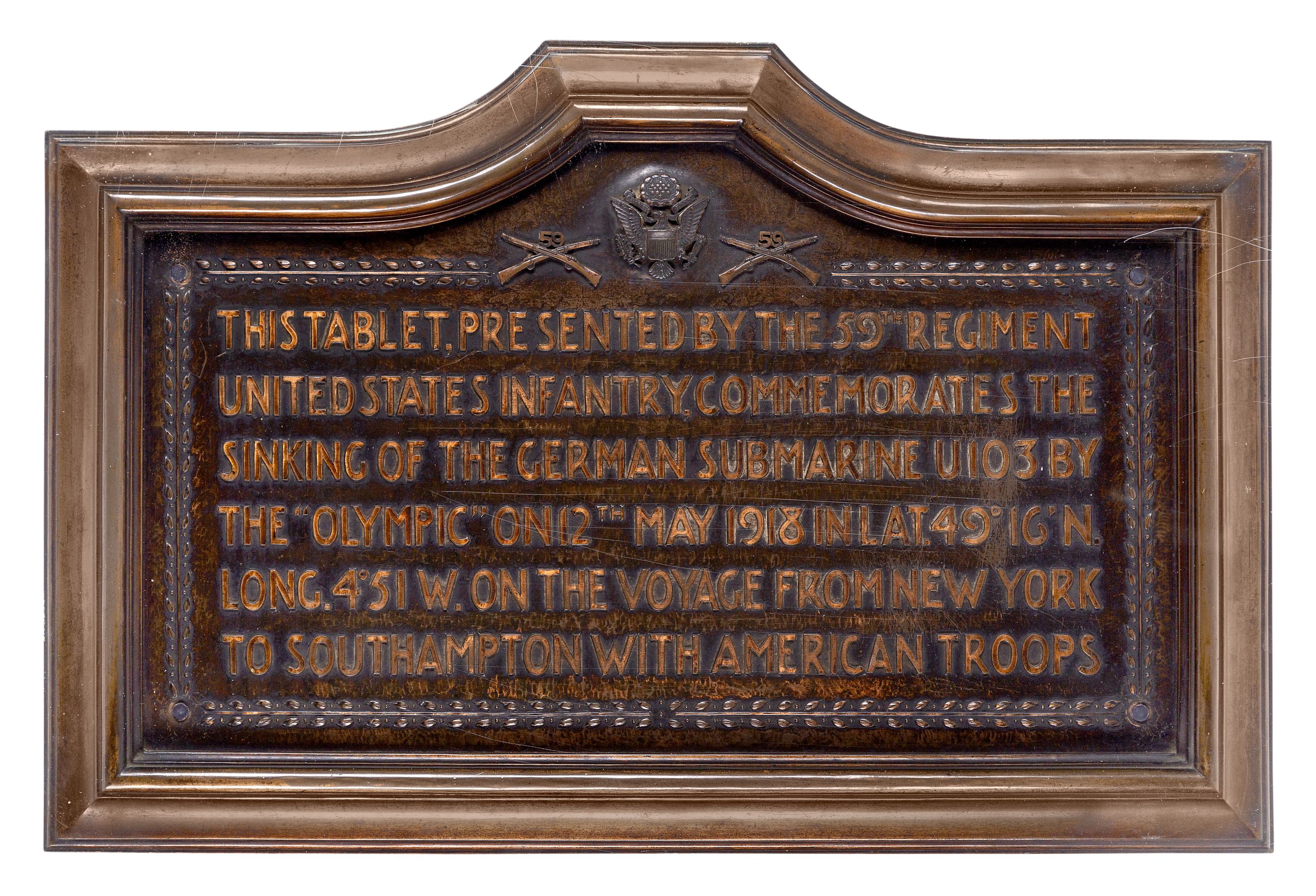 A BRONZE WALL PLAQUE COMMEMORATING THE SINKING OF 'U-103' BY H.M.T. 'OLYMPIC', 1918