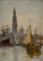 WILLIAM LIONEL WYLLIE (BRITISH, 1851-1931) - SHIPPING OFF ANTWERP HARBOUR