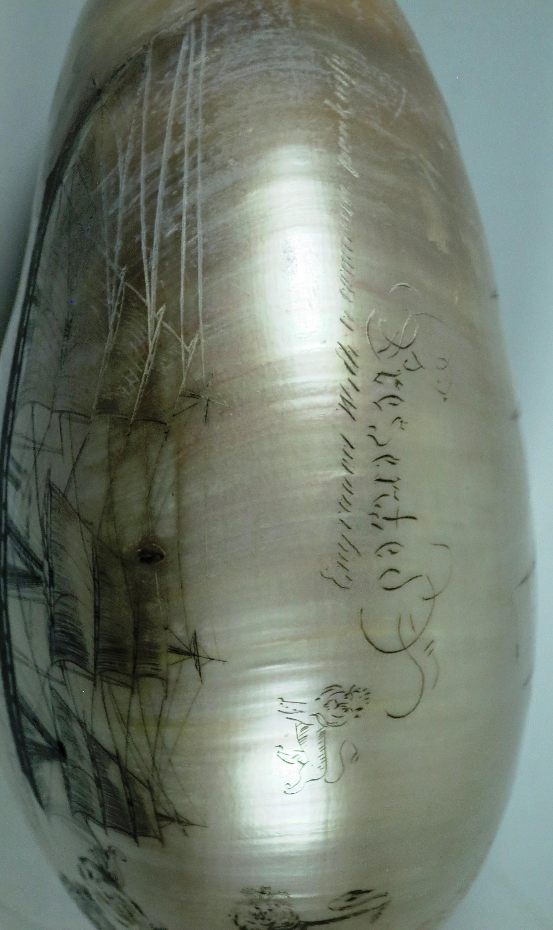 A LARGE-SIZED MID-19TH CENTURY SCRIMSHAW WORKED NAUTILUS SHELL BY C.H. WOOD - Image 6 of 14