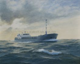 δ JOHN STEVEN DEWS (BRITISH, B. 1949) - THE EGGAR FORRESTER LTD. CARGO SHIP 'WIB' UNDERWAY IN A