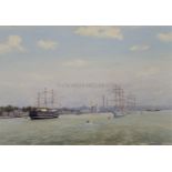 δ DENYS LAW (1907-1981) - THE TRAINING SHIP 'WORCESTER' MOORED ON THE THAMES AT GREENHITHE, 1962