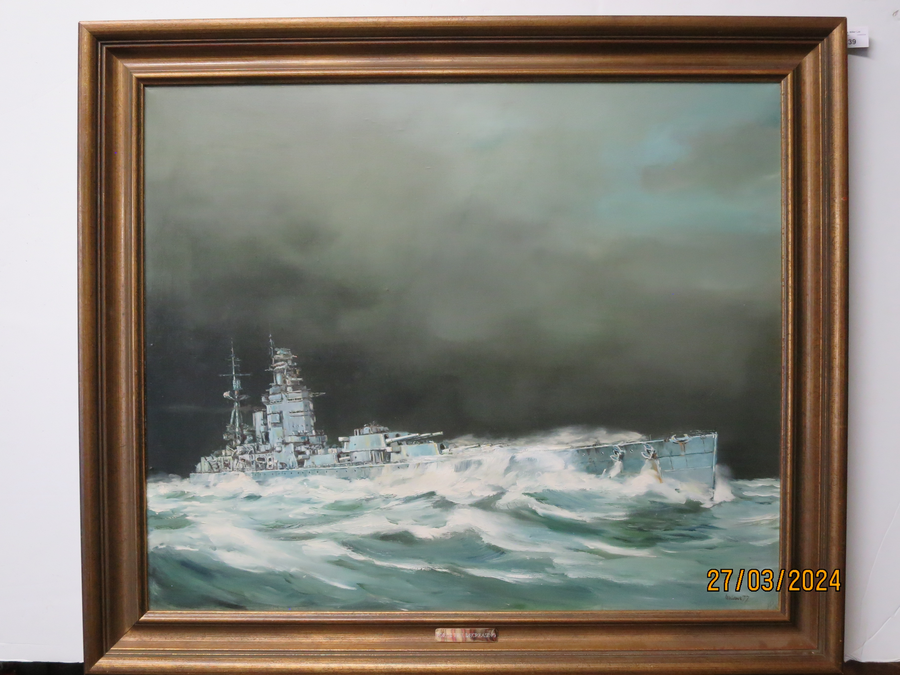 δ IAN LOWE (BRITISH, 20TH CENTURY) - FORCE TEN DECREASING, H.M.S. 'RODNEY' CLEARING A STORM - Image 2 of 5