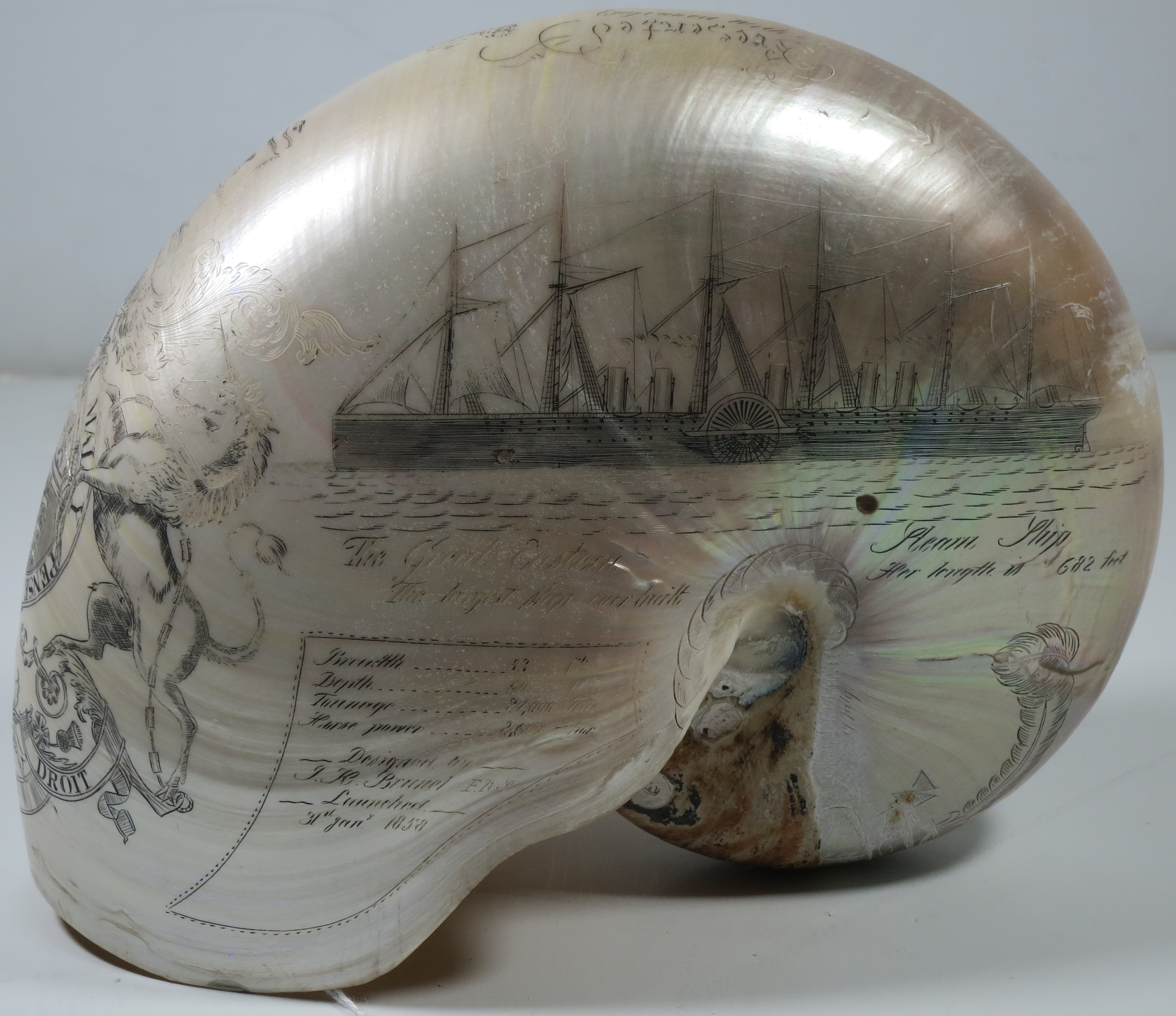 A LARGE-SIZED MID-19TH CENTURY SCRIMSHAW WORKED NAUTILUS SHELL BY C.H. WOOD - Image 2 of 14