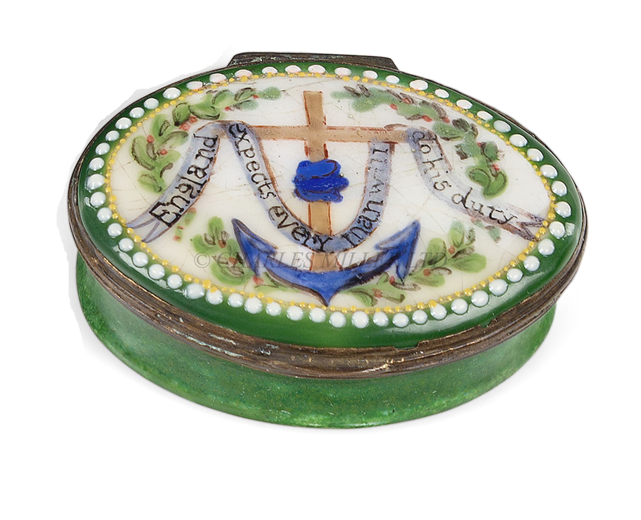 A BILSTONWARE 'POST-TRAFALGAR' ENAMEL PATCHBOX, CIRCA 1805