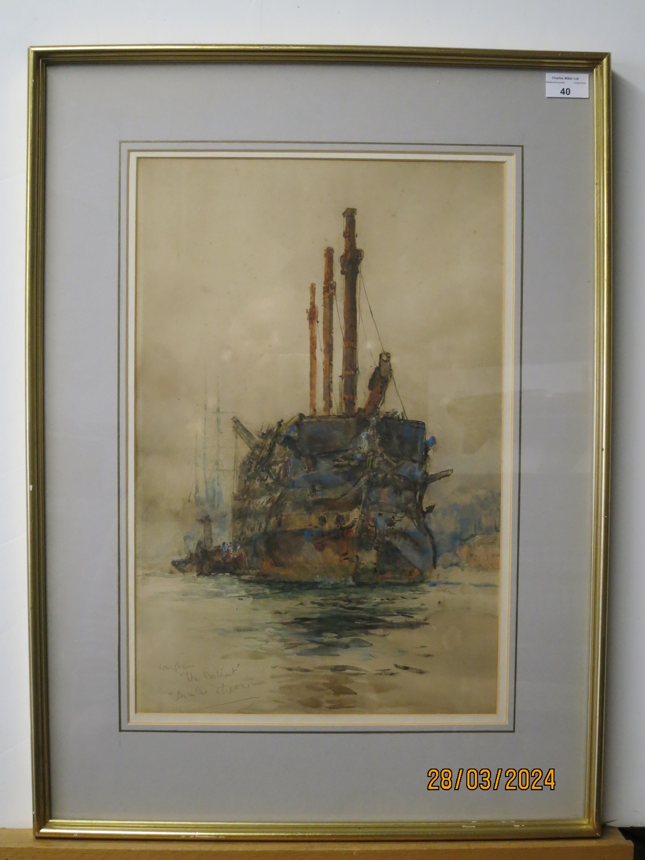 CHARLES EDWARD DIXON (BRITISH, 1872-1934) - THE OLD 'WELLESLEY' HULKED IN THE TYNE, WITH THE - Image 2 of 4