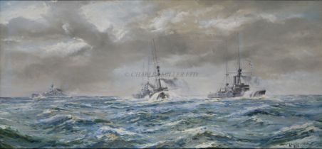 δ ROBERT TAYLOR (BRITISH, 1946-2024) - The battleship 'King Edward VII' steaming in heavy seas in