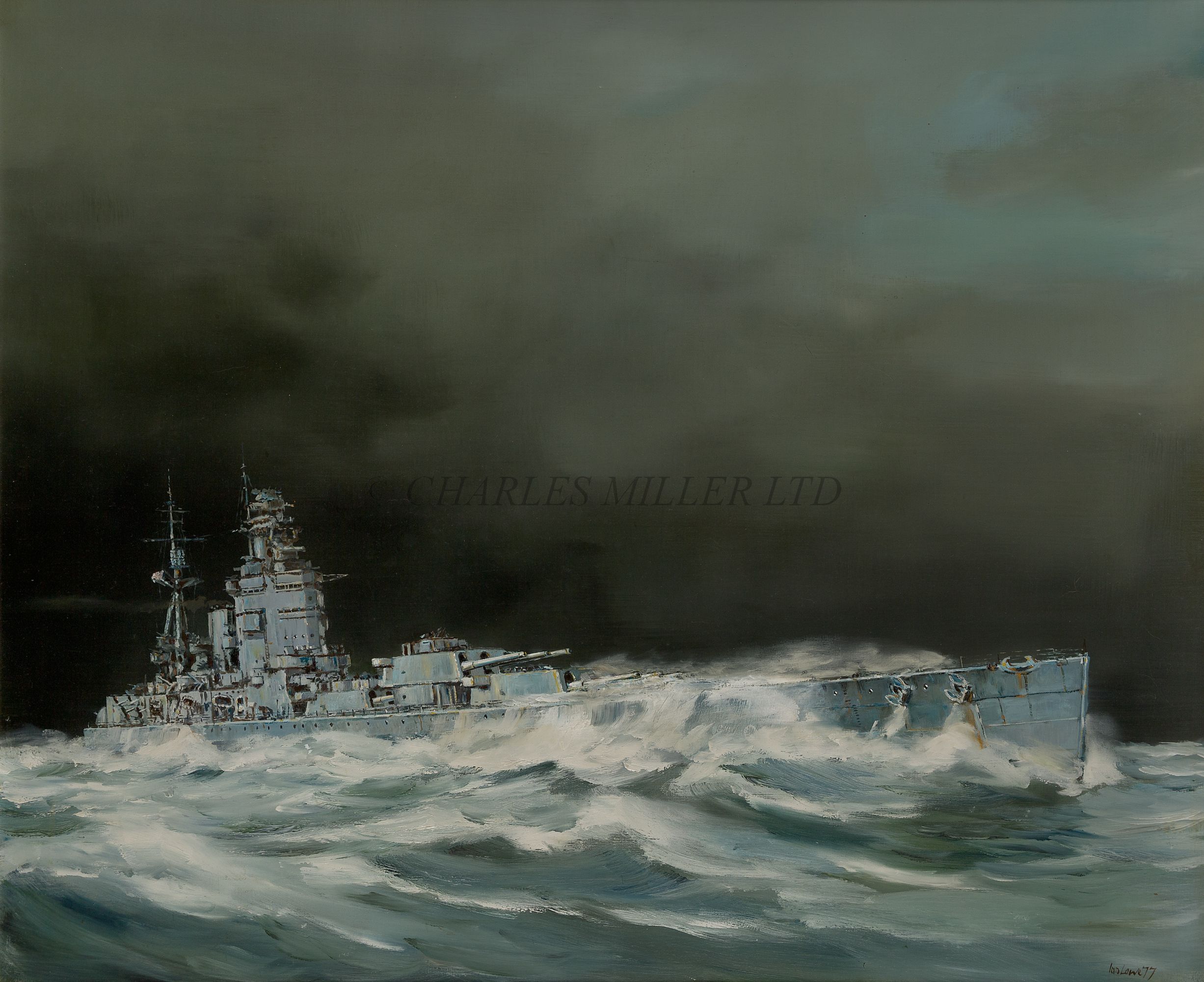 δ IAN LOWE (BRITISH, 20TH CENTURY) - FORCE TEN DECREASING, H.M.S. 'RODNEY' CLEARING A STORM