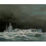 δ IAN LOWE (BRITISH, 20TH CENTURY) - FORCE TEN DECREASING, H.M.S. 'RODNEY' CLEARING A STORM