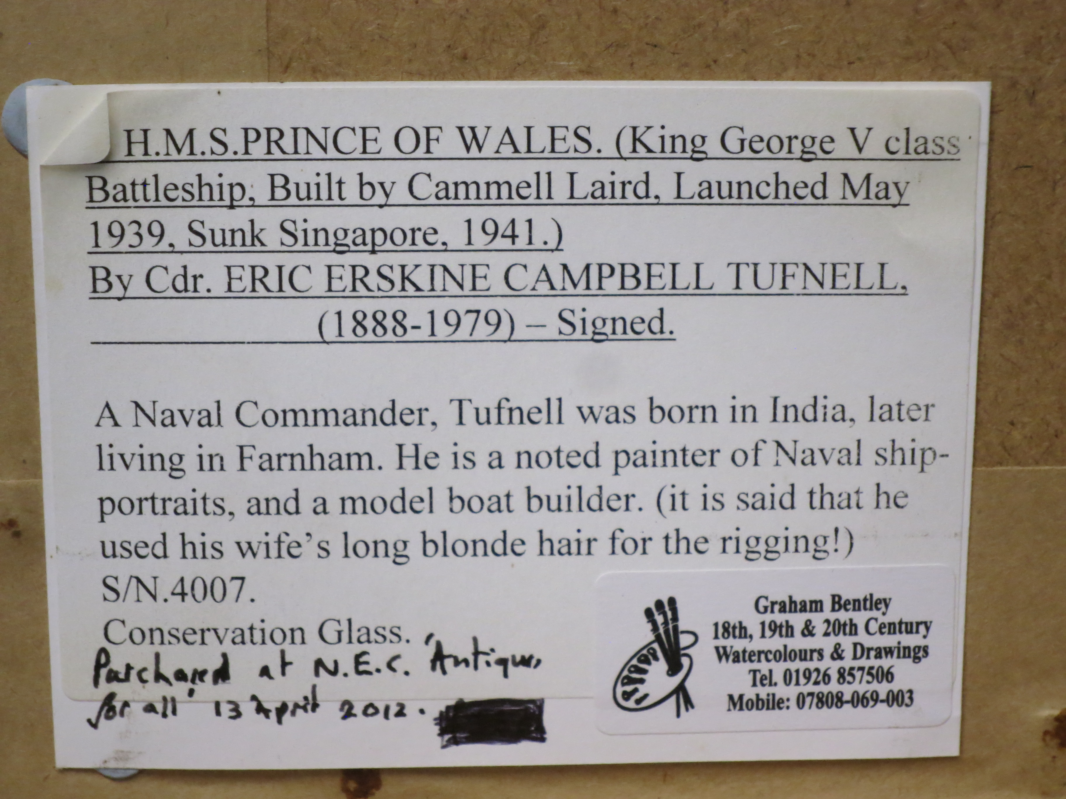 δ ERIC TUFNELL (BRITISH, 1888-1978) - H.M.S. 'PRINCE OF WALES' IN SINGAPORE 1941 - Image 7 of 14