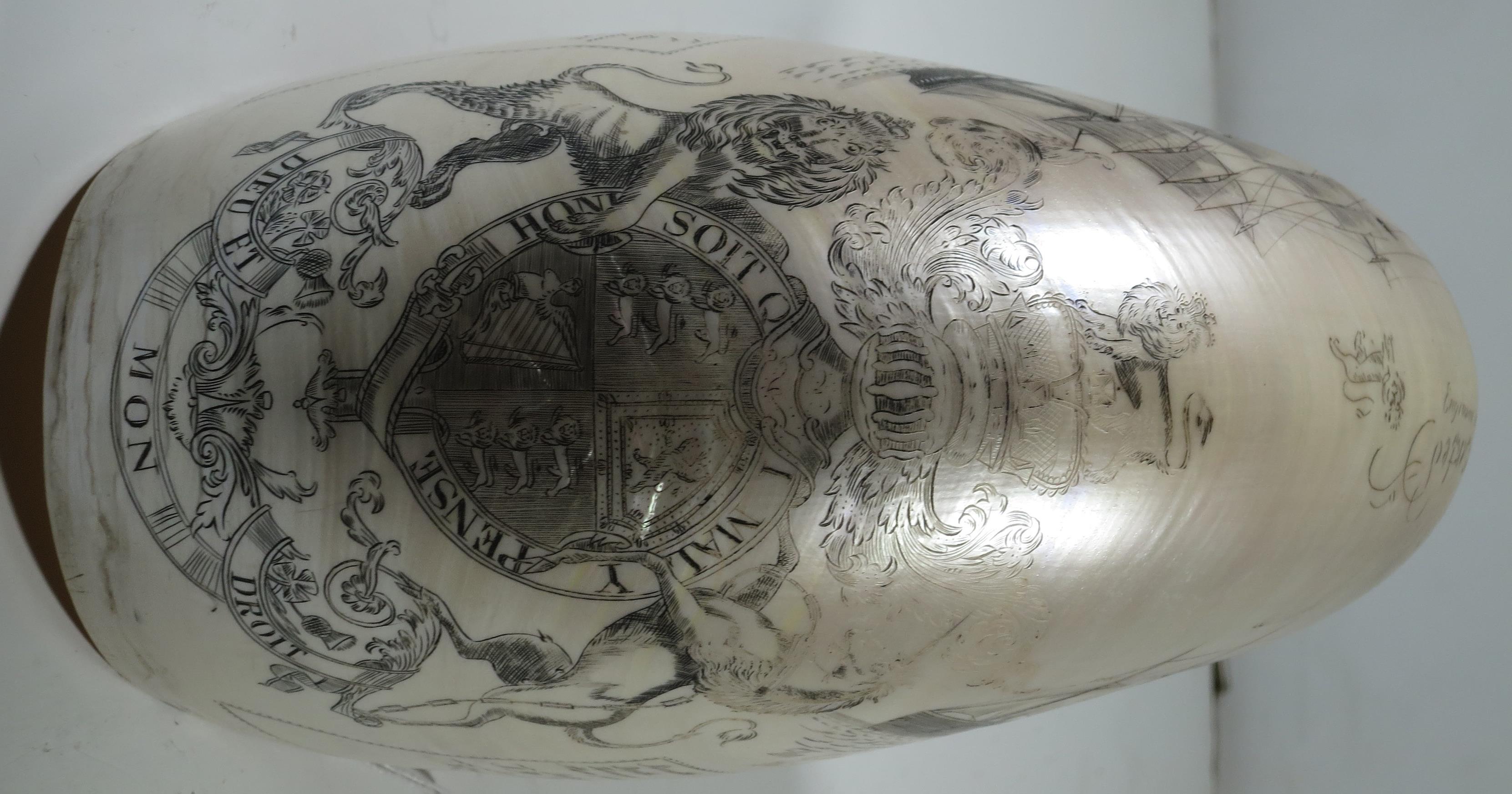 A LARGE-SIZED MID-19TH CENTURY SCRIMSHAW WORKED NAUTILUS SHELL BY C.H. WOOD - Image 5 of 14