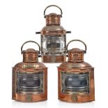 A SET OF 3 COPPER AND BRASS NAVIGATION LAMPS