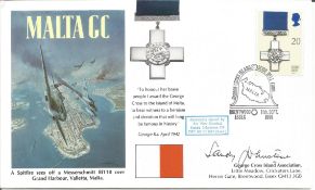 WW2 BOB fighter pilot Sandy Johnstone signed Malta GC cover. Single vendor Battle of Britain RAF