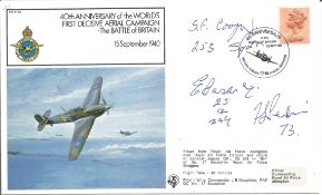 WW2 BOB fighter pilots E Cassidy 25 sqn, S F Cooper 253 sqn, F Perkin 73 sqn signed 40th ann BOB