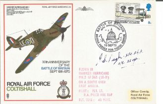 WW2 BOB fighter pilot John Pugh 25 sqn signed RAF Coltishall Hurricane cover. Single vendor Battle