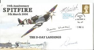 WW2 BOB fighter pilots A C Leigh, Swanwick, Charles Widdows signed 70th ann Spitfire cove. Single