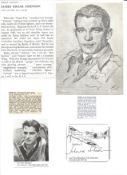 WW2 BOB fighter pilot Johnson, James 616 sqn signature piece with biography info fixed to A4 page.