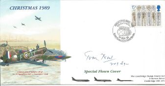WW2 BOB fighter pilot Thomas Neil 249 sqn signed Spitfire cover with biography info fixed to A4
