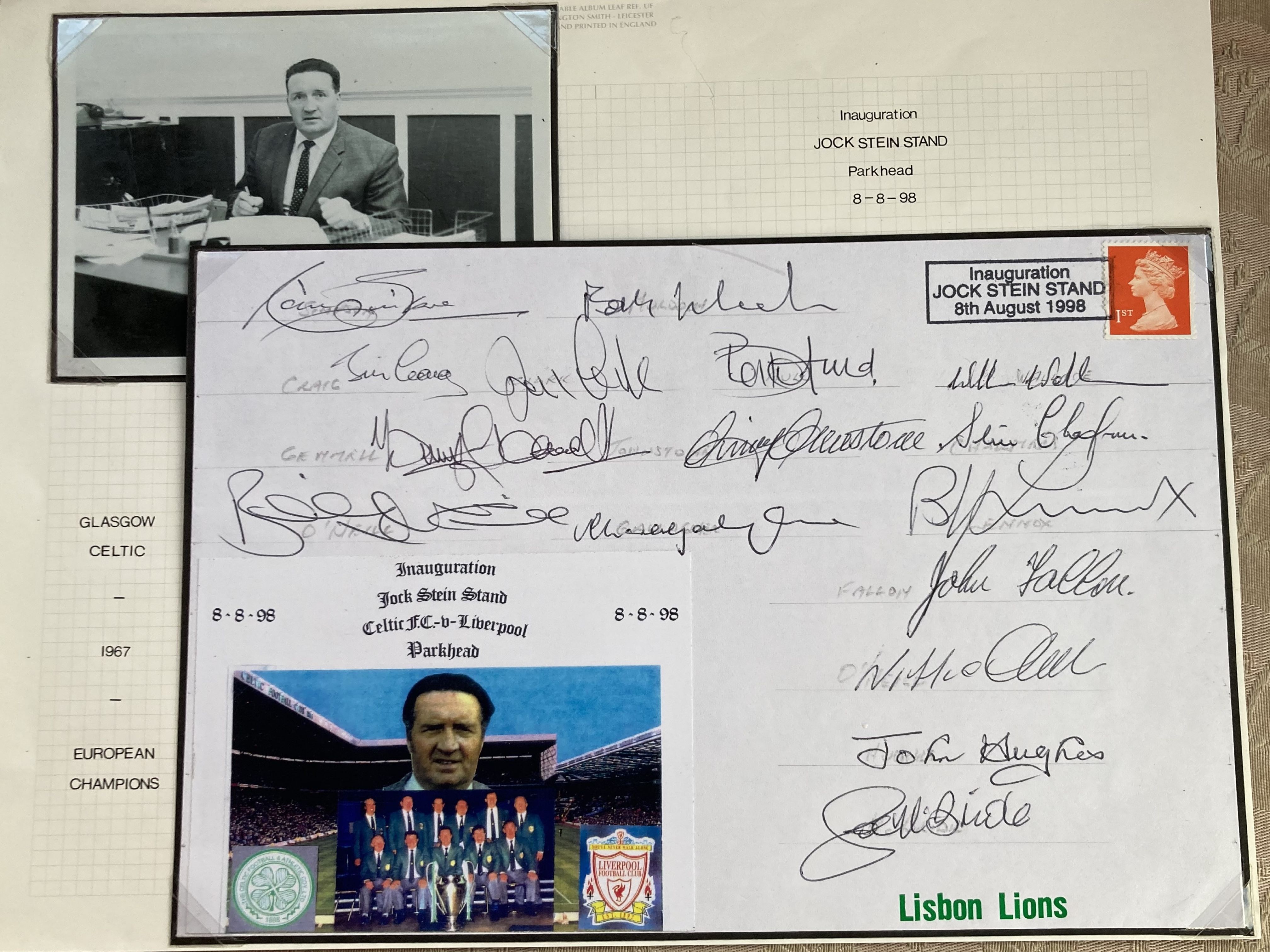 Celtic football 1967, 16 Lisbon Lions squad signed1998 Jock Stein stand cover. Signed by Ronnie