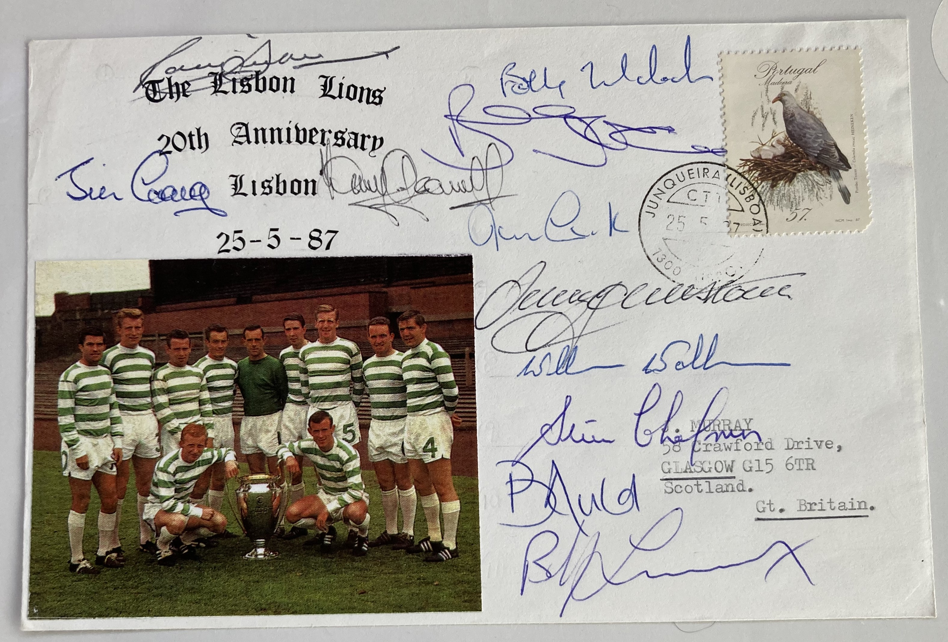 Celtic football complete 1967 Lisbon Lions winning team signed 25/5/87, 20th ann cover. Autographs