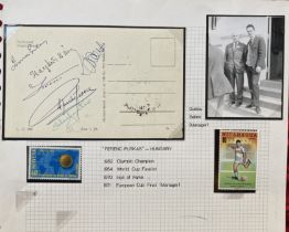 Football Ferenc Puskas signed to back of vintage Budapest Stadium postcard. Five other unknown