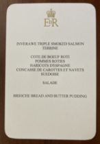 Queen Elizabeth II rare, printed dinner menu from Sandringham house with gold ER embossed crest.