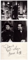 Diana Rigg signed 6x4 inch white card dedicated and two vintage 10x8 inch unsigned black and white