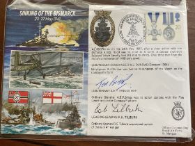 WW2 HMS Hood survivors Ted Briggs and Bob Tilburn signed 50th ann Sinking of the Bismarck cover.