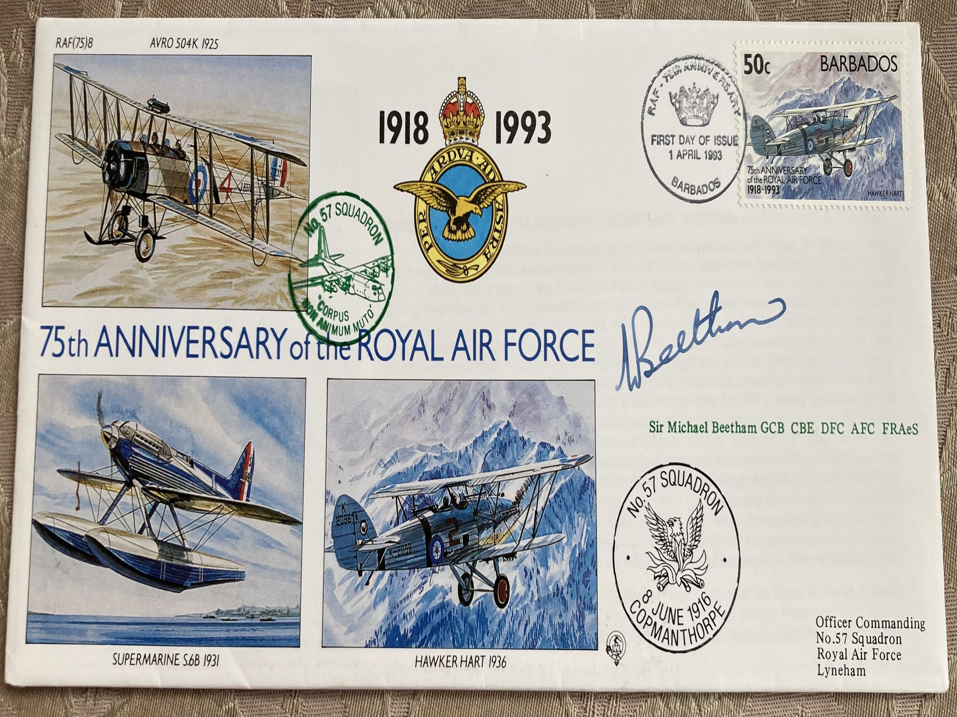 WW2 Sir Michael Beetham DFC AFC signed 75th ann Avro 504k cover. Good condition. All autographs come