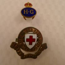 WW2 Two vintage home front original badges comprising an original HG (Home Guard) blue and red