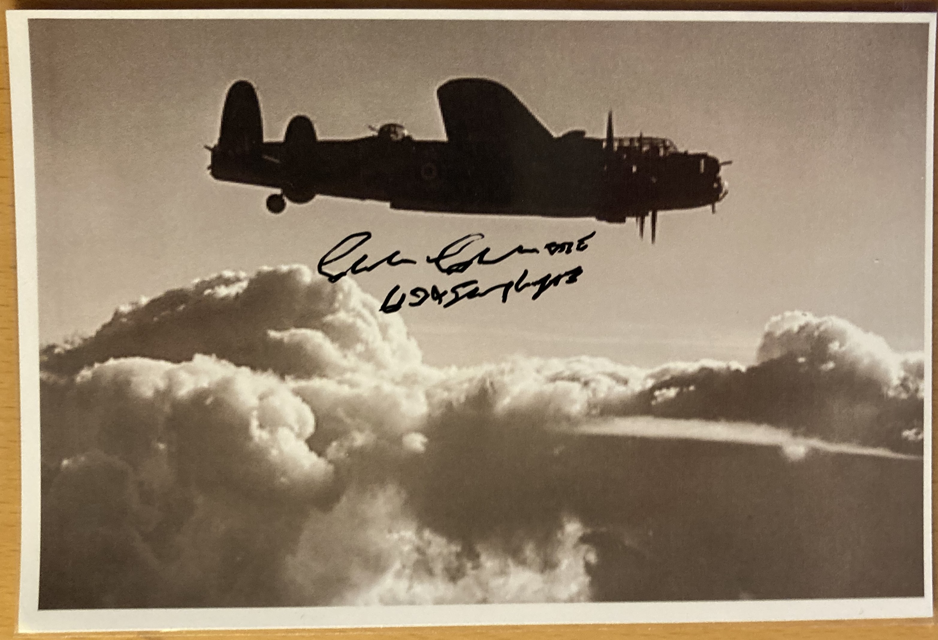 WW2 Air Cde Charles Clark OBE 619 sqn POW Stalag Luft III signed 6 x 4 inch Lancaster in flight