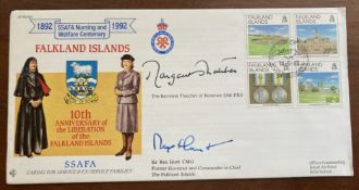 Margaret Thatcher and Sir Rex Hunt signed Falklands SSASA 1992. 10th Liberation cover. Only 100 were