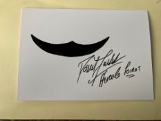 Poirot David Suchet signed Mustache greetings card inscribed Hercule Poirot along with a 10 x 8