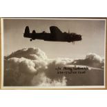 WW2 W/O Harry Parkins 630 sqn signed 6 x 4 inch Lancaster in flight picture. Bomber Command veteran.