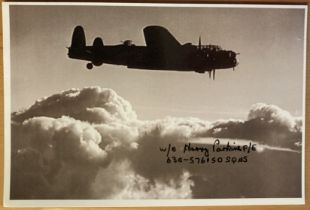 WW2 W/O Harry Parkins 630 sqn signed 6 x 4 inch Lancaster in flight picture. Bomber Command veteran.