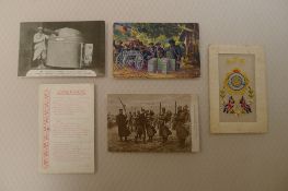 WW1 An original WW1 silk embroidery approx 9cm x 14cm and four various WW1 postcards. The