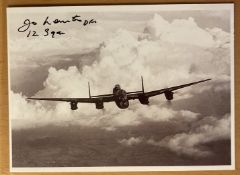 WW2 Flt Lt Jo Lancaster DFC 12 sqn signed 6 x 4 inch Lancaster in flight picture. Bomber Command
