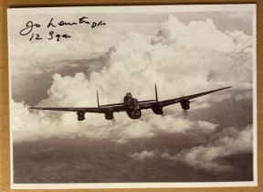 WW2 Flt Lt Jo Lancaster DFC 12 sqn signed 6 x 4 inch Lancaster in flight picture. Bomber Command