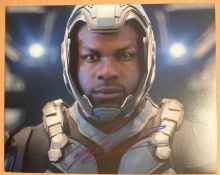 John Boyega signed space suit 10 x 8 inch colour Star Wars movie scene photo. Good condition. All