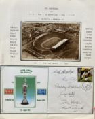 Football 1951 St Mungo Cup Celtic players signed 50th ann cover and Stadium postcard display.