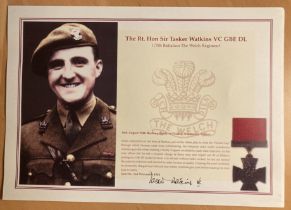 WW2 Victoria Cross winner Sir Tasker Watkins VC hand signed A4 colour copied display. Good