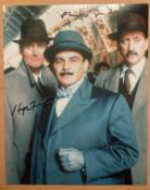 Poirot Hugh Fraser and Philip Jackson signed 10 x 8 inch colour photo with David Suchet. Good