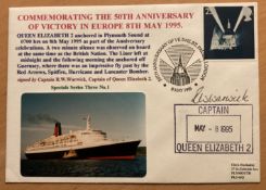 QE2 Captain Warwick signed 1995, 50th ann Victory in Europe Navy cover with QE11 image. Good