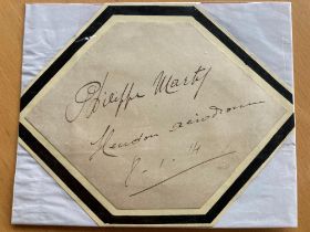 Pioneer French Aviator Pilot Philippe Marty signed 4 x4 irregular shaped signature piece, 1910